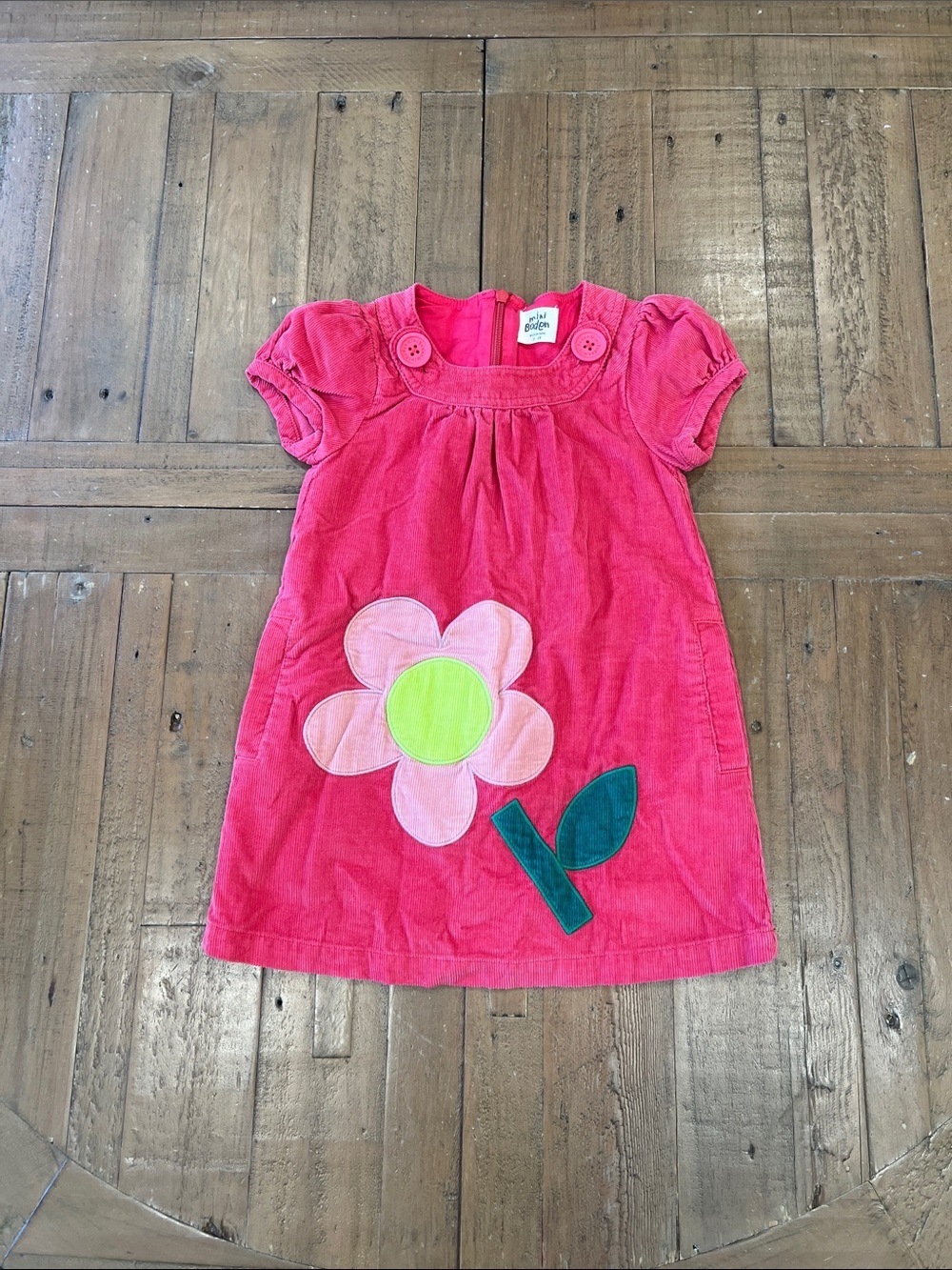 Mini Boden pink corduory short sleeve dress oversized flower 2-3 years